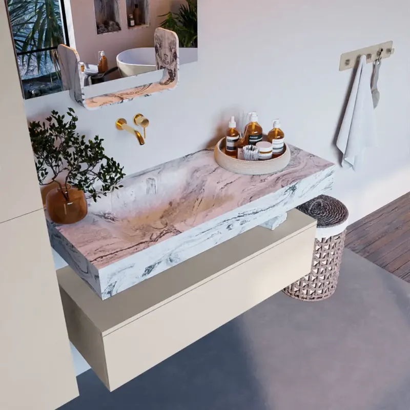 Mondiaz Alan DLux badmeubel 110cm linen 1 lade met wastafel glace links zonder kraangat Must-Have