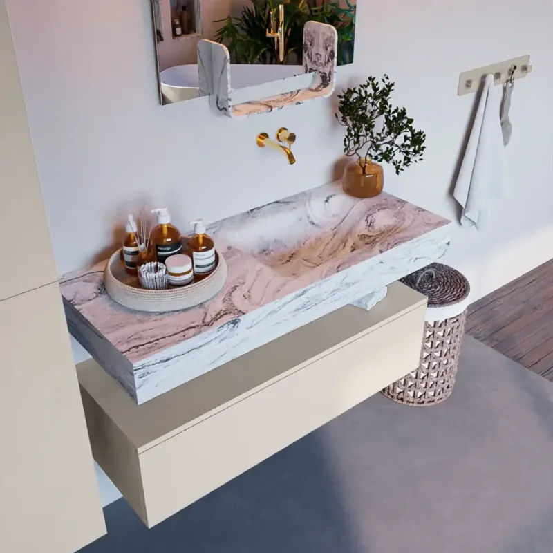 Exclusieve Aanbieding Mondiaz Alan DLux badmeubel 110cm linen 1 lade met wastafel glace rechts zonder kraangat