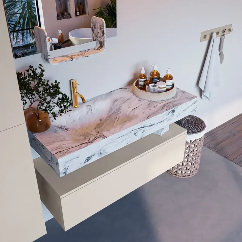 Mondiaz Alan DLux badmeubel 110cm linen 1 lade met wastafel glace links 1 kraangat Alleen Vandaag