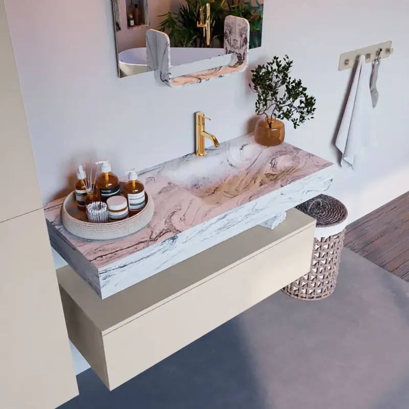 Voordeelprijs Mondiaz Alan DLux badmeubel 110cm linen 1 lade met wastafel glace rechts 1 kraangat