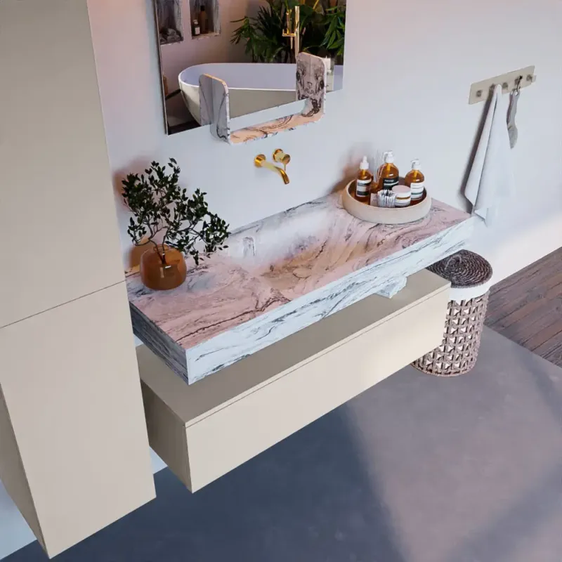 Bestel Nu Mondiaz Alan DLux badmeubel 120cm linen 1 lade met wastafel glace midden zonder kraangat