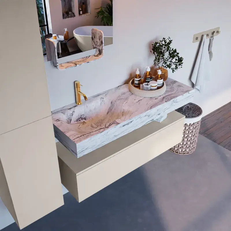 Mondiaz Alan DLux badmeubel 120cm linen 1 lade met wastafel glace links 1 kraangat Populair