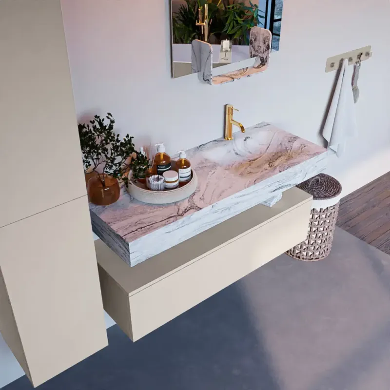Mondiaz Alan DLux badmeubel 120cm linen 1 lade met wastafel glace rechts 1 kraangat Actieprijs