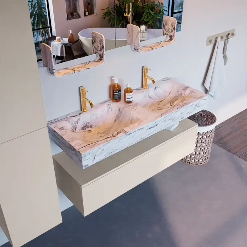 Mondiaz Alan DLux badmeubel 120cm linen 1 lade met wastafel glace dubbel 2 kraangaten Lage Prijs