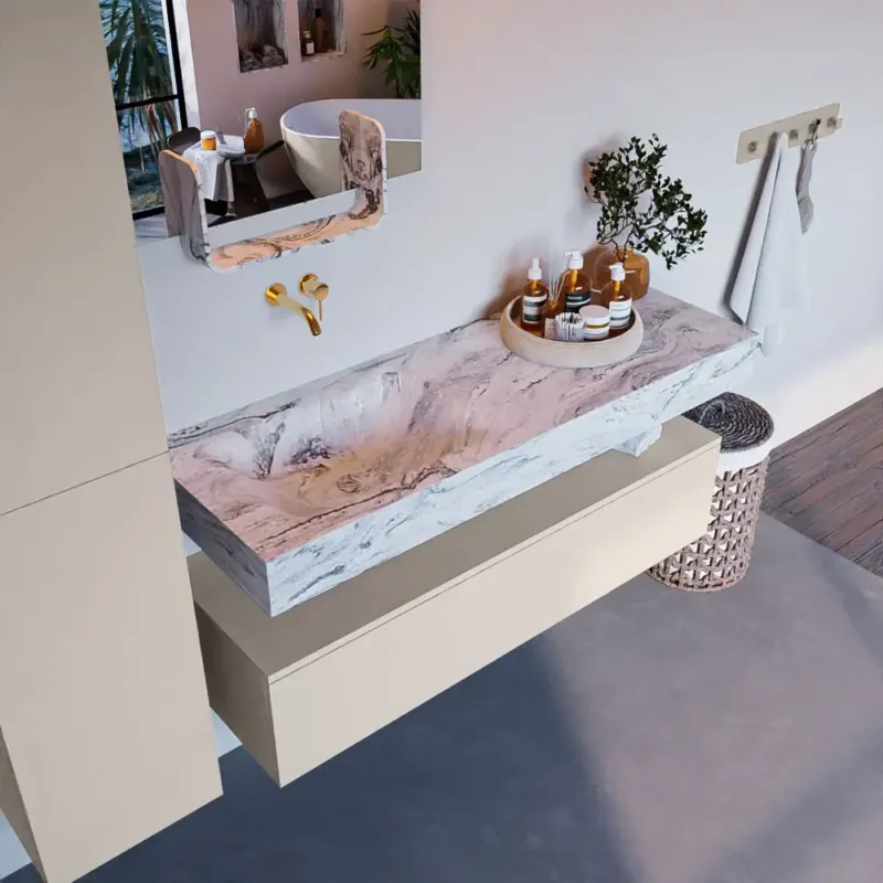 Gecertificeerd Mondiaz Alan DLux badmeubel 130cm linen 1 lade met wastafel glace links zonder kraangat