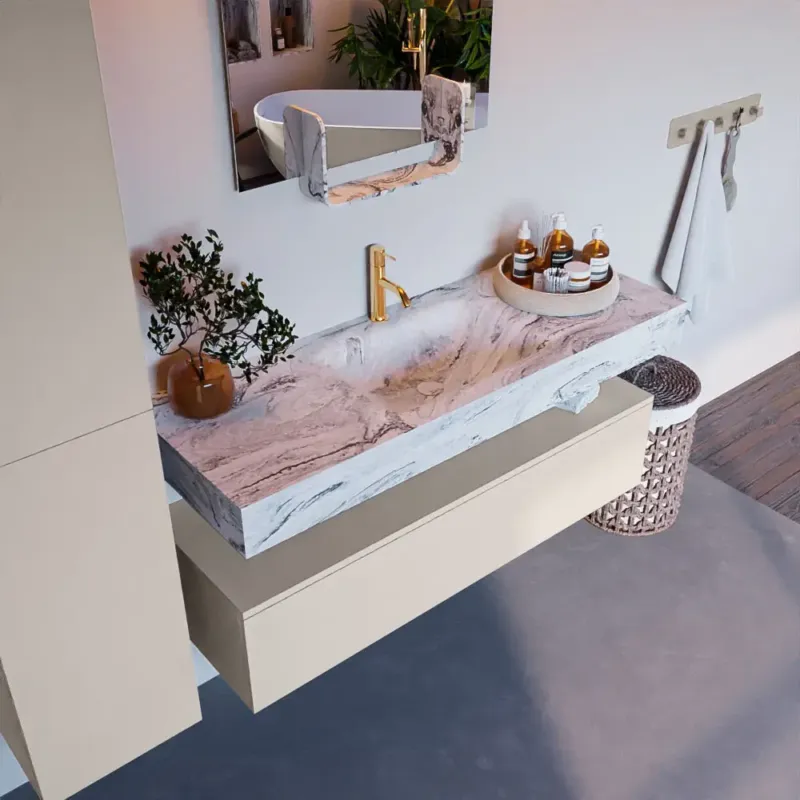 Merkproduct Mondiaz Alan DLux badmeubel 130cm linen 1 lade met wastafel glace midden 1 kraangat