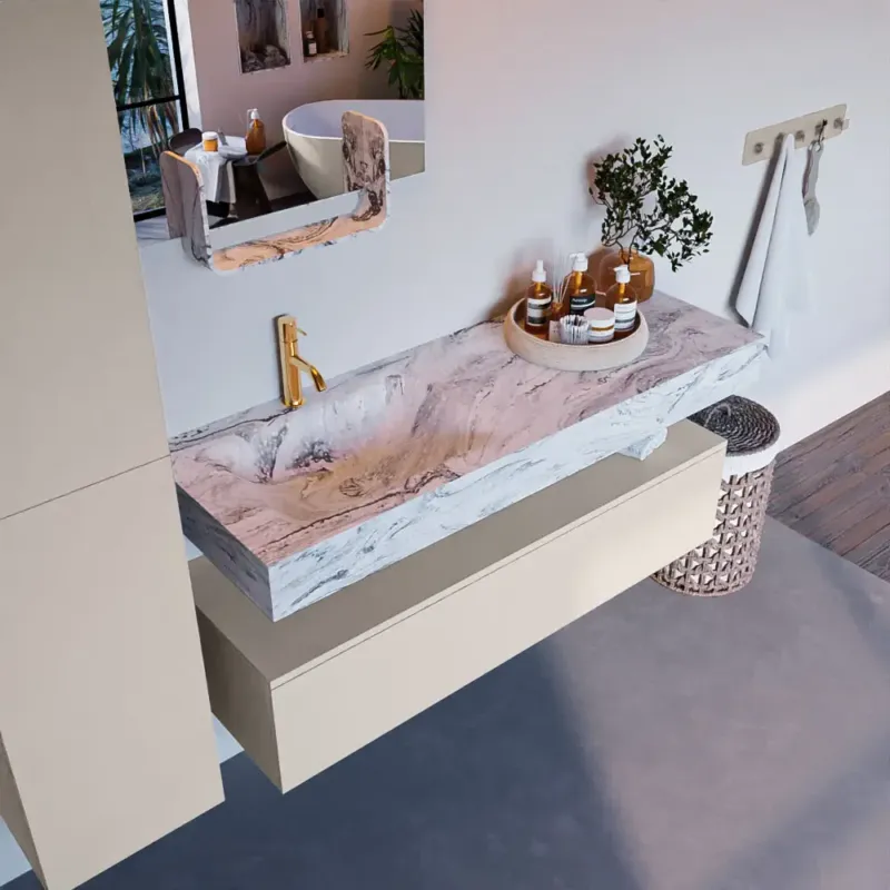 Exclusieve Aanbieding Mondiaz Alan DLux badmeubel 130cm linen 1 lade met wastafel glace links 1 kraangat