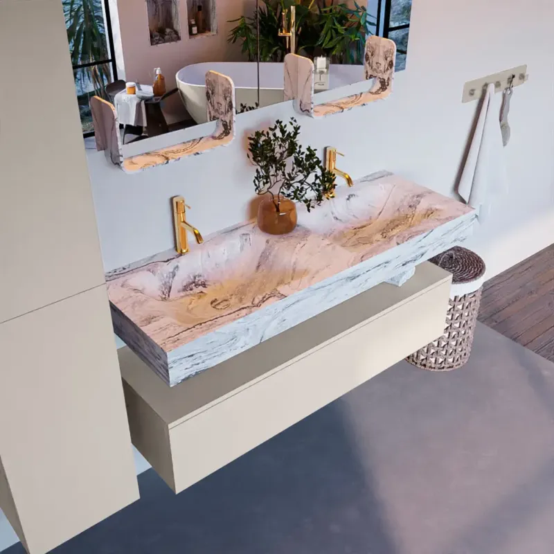 Mondiaz Alan DLux badmeubel 130cm linen 1 lade met wastafel glace dubbel 2 kraangaten Gecertificeerd