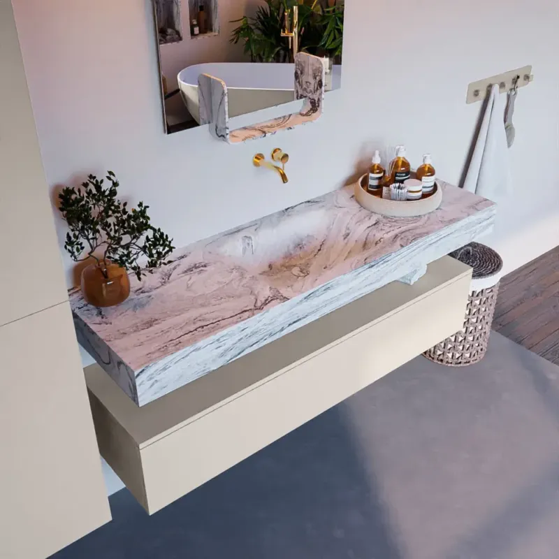 Exclusieve Aanbieding Mondiaz Alan DLux badmeubel 150cm linen 1 lade met wastafel glace midden zonder kraangat