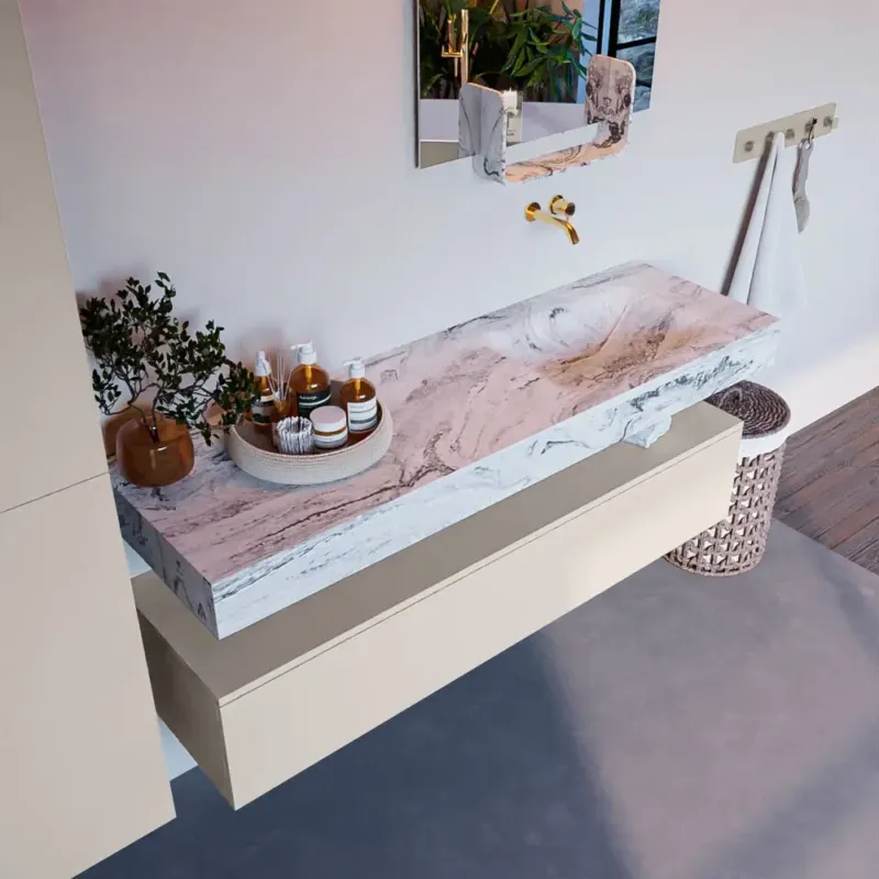 Mondiaz Alan DLux badmeubel 150cm linen 1 lade met wastafel glace rechts zonder kraangat Koop Vandaag