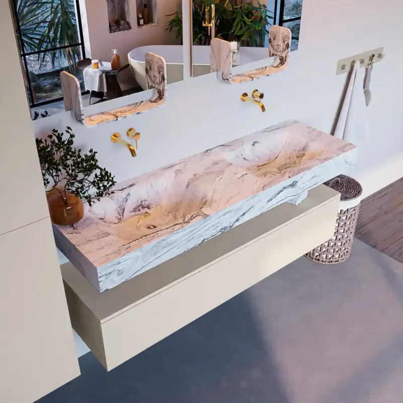 Beperkt Aanbod Mondiaz Alan DLux badmeubel 150cm linen 1 lade met wastafel glace dubbel zonder kraangat
