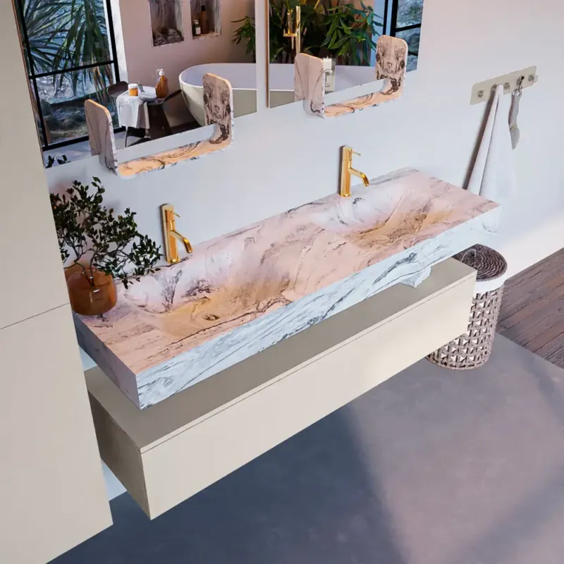 Mondiaz Alan DLux badmeubel 150cm linen 1 lade met wastafel glace dubbel 2 kraangaten Aanbieding