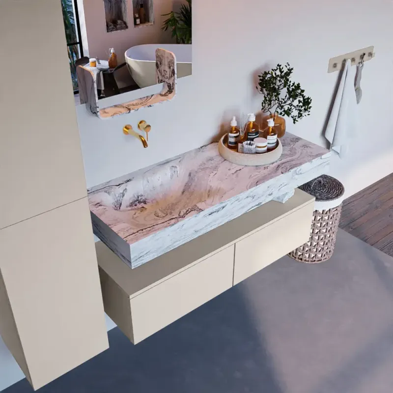 Mondiaz Alan DLux badmeubel 120cm linen 2 lades met wastafel glace links zonder kraangat Lage Prijs