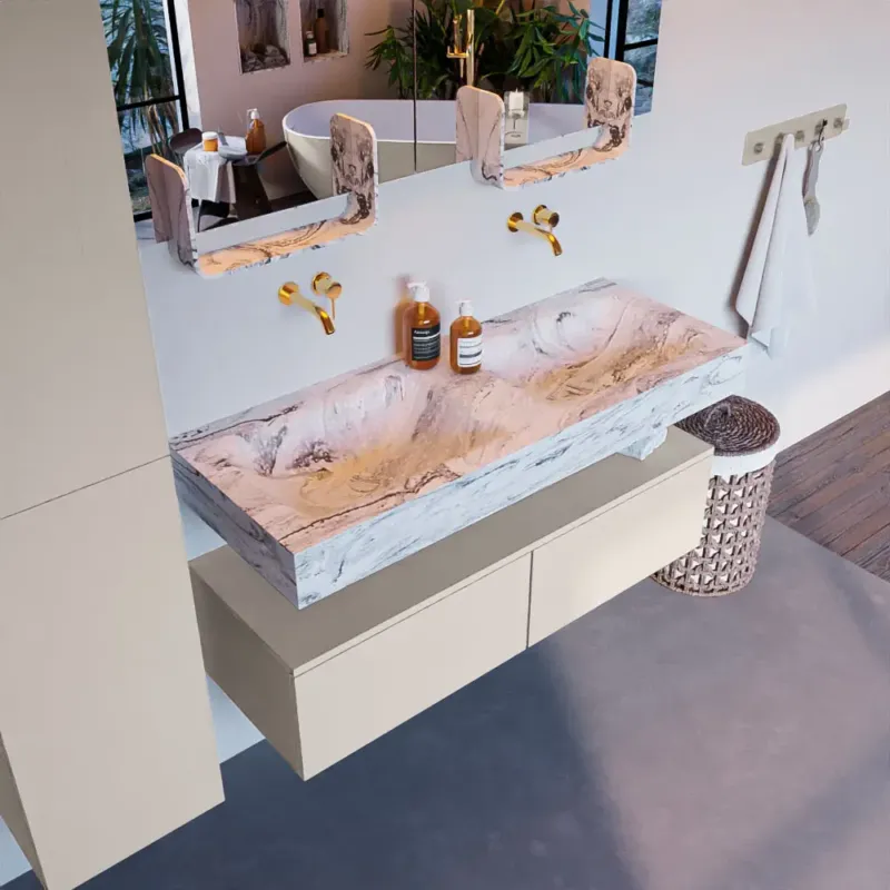 Mondiaz Alan DLux badmeubel 120cm linen 2 lades met wastafel glace dubbel zonder kraangat Shop Nu