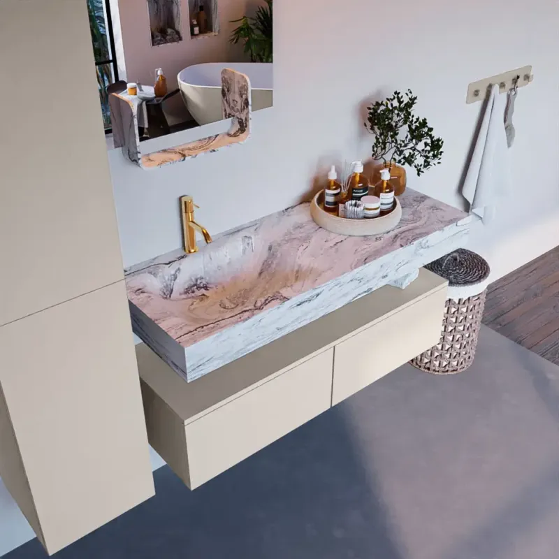 Mondiaz Alan DLux badmeubel 120cm linen 2 lades met wastafel glace links 1 kraangat Uitverkoop