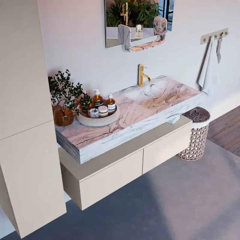 Mondiaz Alan DLux badmeubel 120cm linen 2 lades met wastafel glace rechts 1 kraangat Koopje