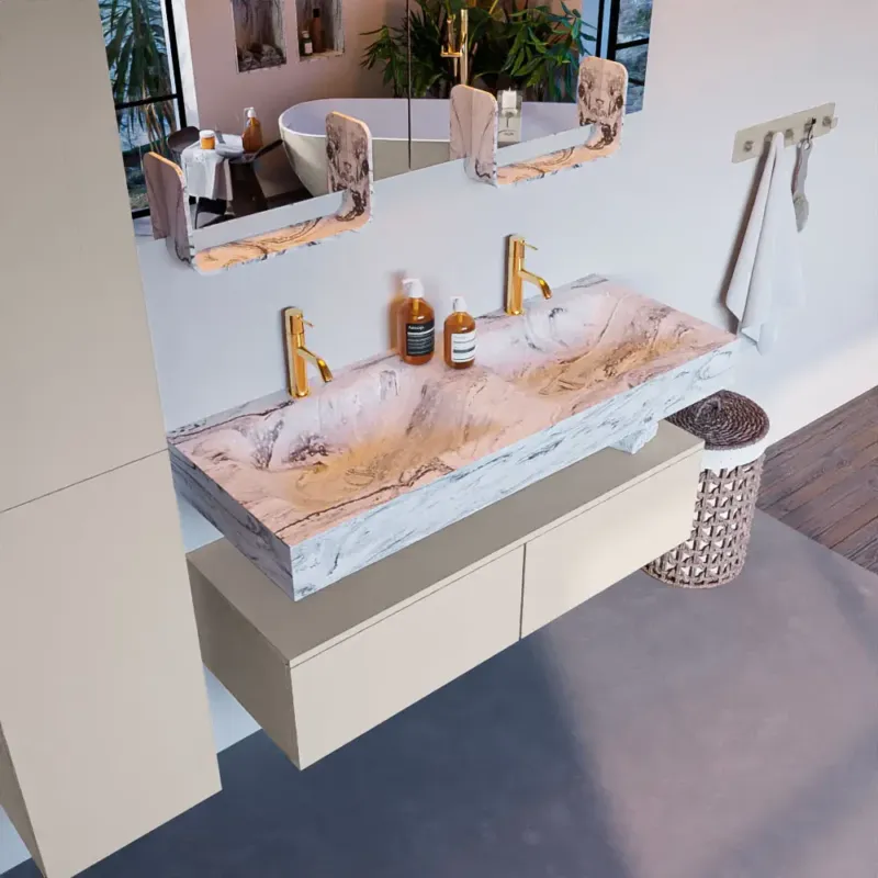 Gecertificeerd Mondiaz Alan DLux badmeubel 120cm linen 2 lades met wastafel glace dubbel 2 kraangaten