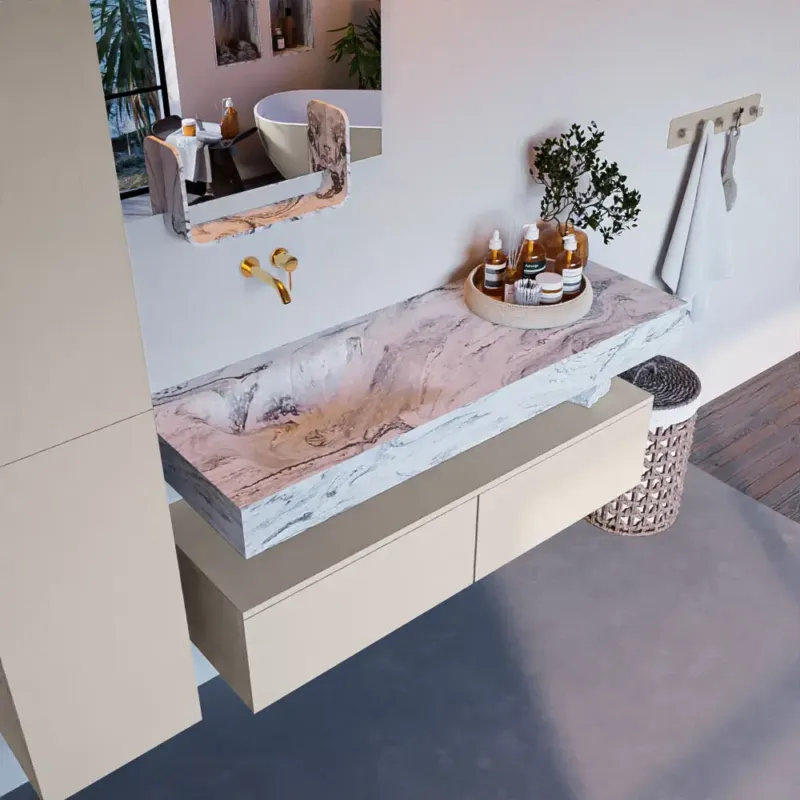 Mondiaz Alan DLux badmeubel 130cm linen 2 lades met wastafel glace links zonder kraangat Merkproduct