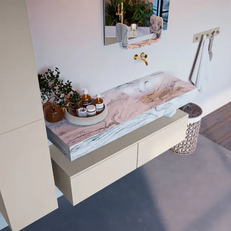 Mondiaz Alan DLux badmeubel 130cm linen 2 lades met wastafel glace rechts zonder kraangat Koop Vandaag