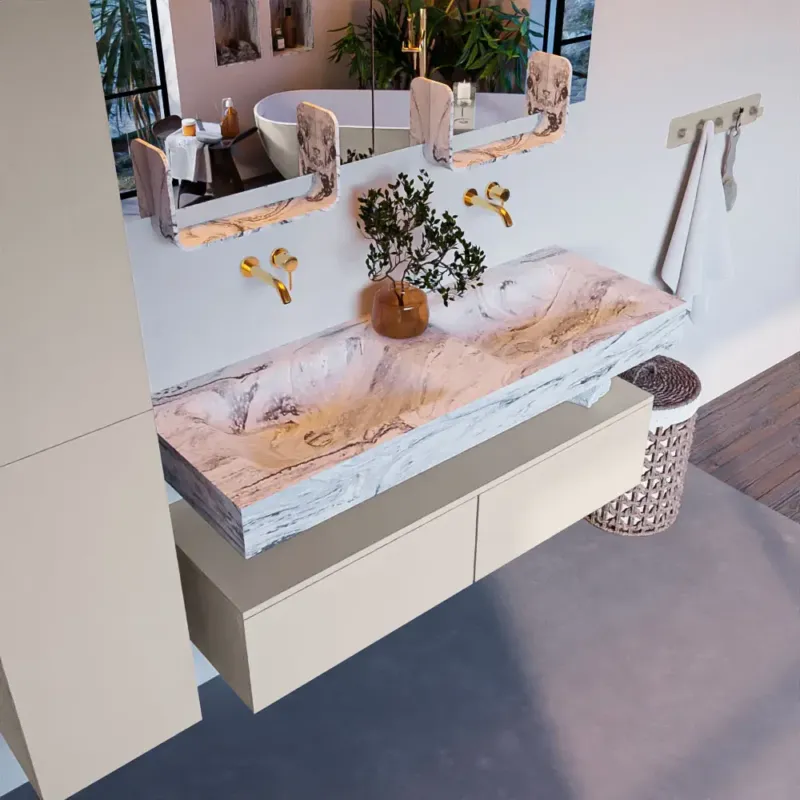 Mondiaz Alan DLux badmeubel 130cm linen 2 lades met wastafel glace dubbel zonder kraangat Uitverkoop