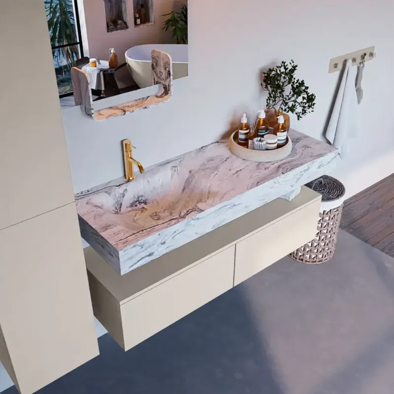 Mondiaz Alan DLux badmeubel 130cm linen 2 lades met wastafel glace links 1 kraangat Bestel Nu