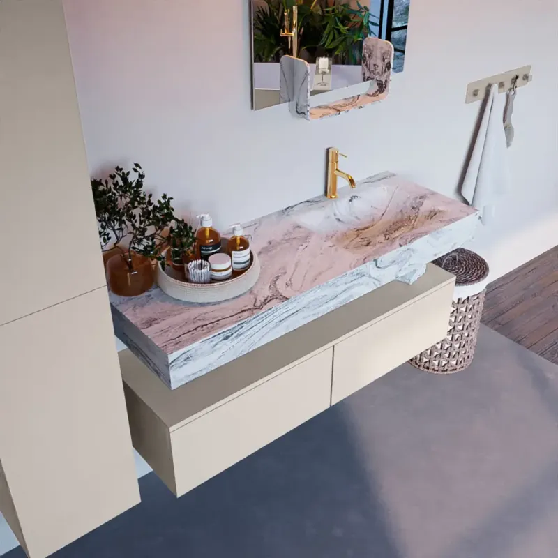Mondiaz Alan DLux badmeubel 130cm linen 2 lades met wastafel glace rechts 1 kraangat Gratis Retour