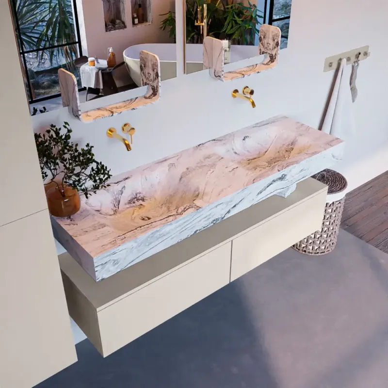 Finale Uitverkoop Mondiaz Alan DLux badmeubel 150cm linen 2 lades met wastafel glace dubbel zonder kraangat
