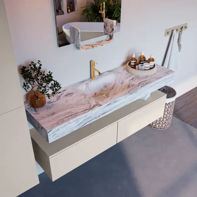 Mondiaz Alan DLux badmeubel 150cm linen 2 lades met wastafel glace midden 1 kraangat Superprijs