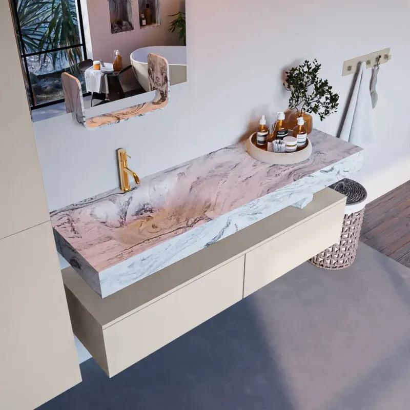 Mondiaz Alan DLux badmeubel 150cm linen 2 lades met wastafel glace links 1 kraangat Uitverkoop