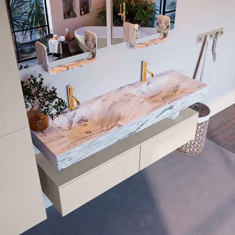 Mondiaz Alan DLux badmeubel 150cm linen 2 lades met wastafel glace dubbel 2 kraangaten Voordeelprijs
