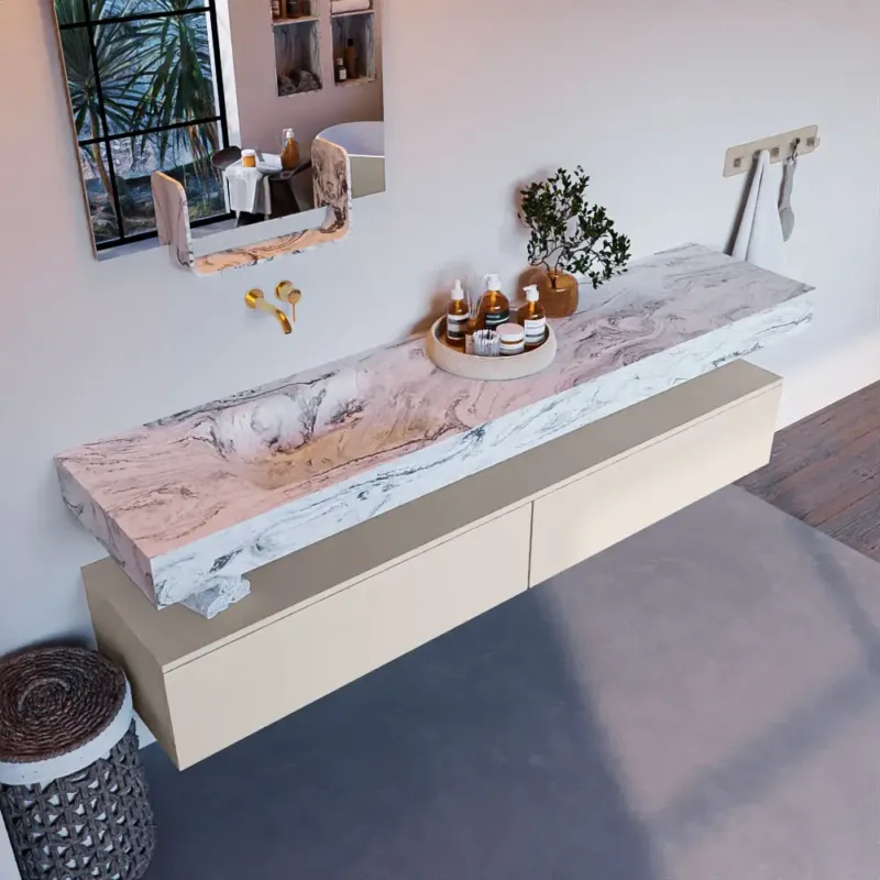 Mondiaz Alan DLux badmeubel 200cm linen 2 lades met wastafel glace links zonder kraangat Hoge Kwaliteit