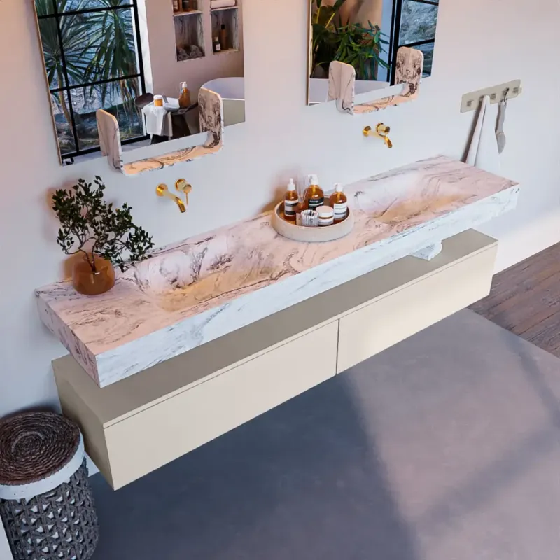 Koopje Mondiaz Alan DLux badmeubel 200cm linen 2 lades met wastafel glace dubbel zonder kraangat