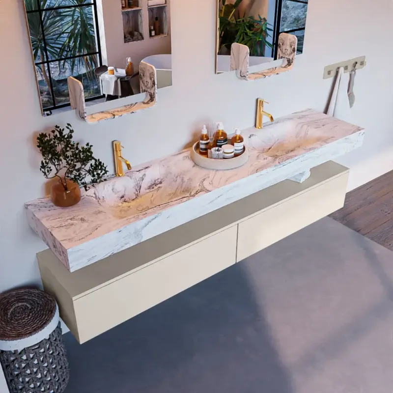 Bestel Nu Mondiaz Alan DLux badmeubel 200cm linen 2 lades met wastafel glace dubbel 2 kraangaten