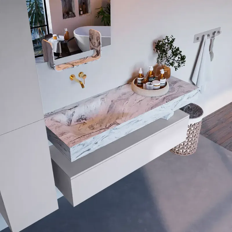 Beperkt Aanbod Mondiaz Alan DLux badmeubel 130cm cale 1 lade met wastafel glace links zonder kraangat
