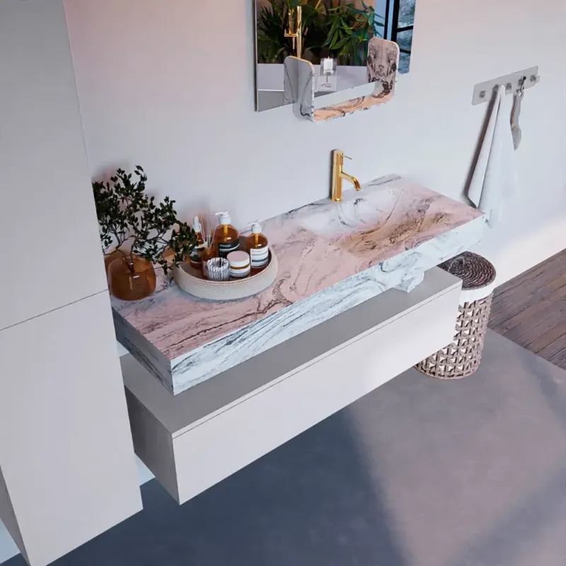 Mondiaz Alan DLux badmeubel 130cm cale 1 lade met wastafel glace rechts 1 kraangat Bestel Nu