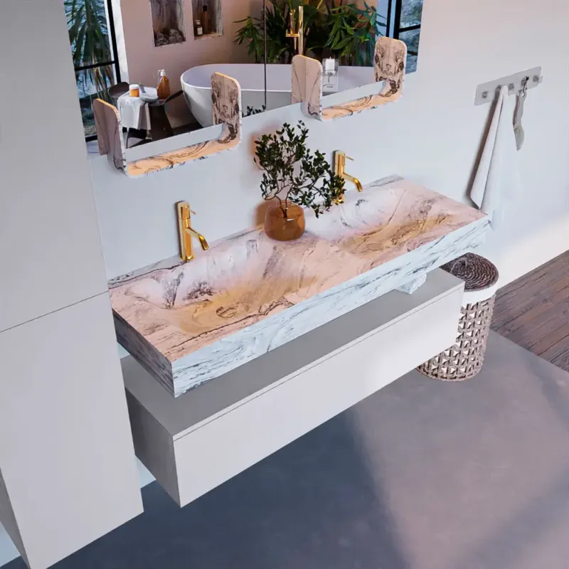 Mondiaz Alan DLux badmeubel 130cm cale 1 lade met wastafel glace dubbel 2 kraangaten Aanbieding