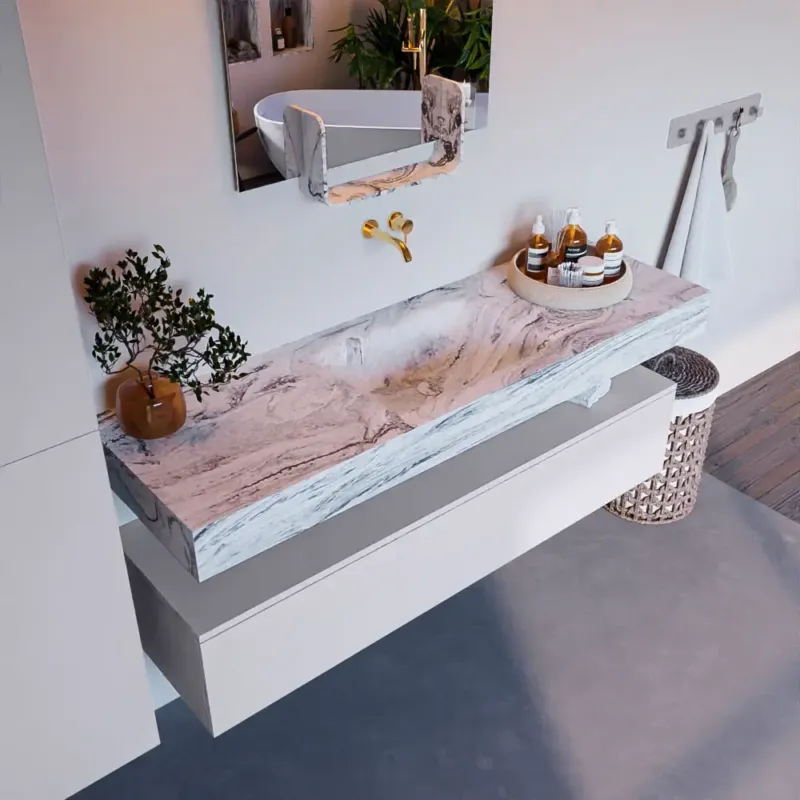 Mondiaz Alan DLux badmeubel 150cm cale 1 lade met wastafel glace midden zonder kraangat Rechtstreeks Van De Fabrikant