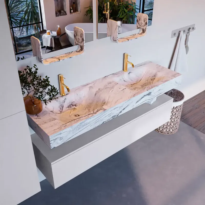 Mondiaz Alan DLux badmeubel 150cm cale 1 lade met wastafel glace dubbel 2 kraangaten Flitsaanbieding