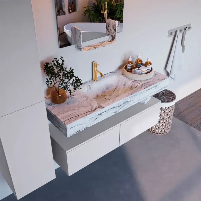Direct Beschikbaar Mondiaz Alan DLux badmeubel 120cm cale 2 lades met wastafel glace midden 1 kraangat