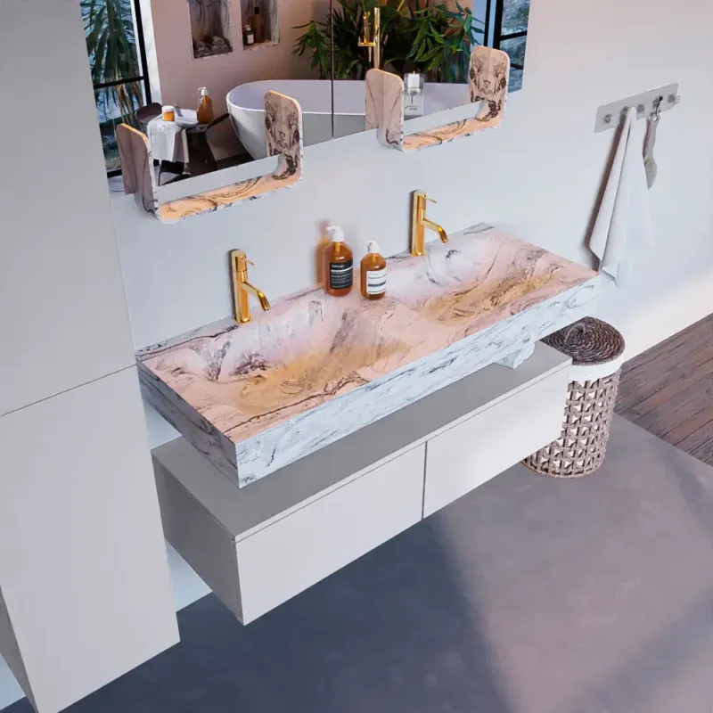 Hoge Kwaliteit Mondiaz Alan DLux badmeubel 120cm cale 2 lades met wastafel glace dubbel 2 kraangaten
