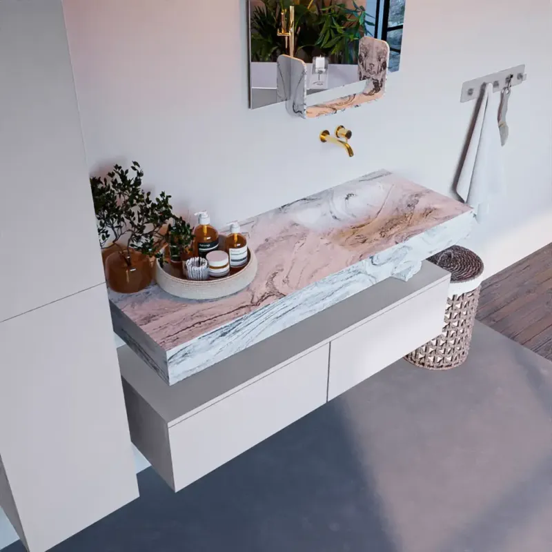 Mondiaz Alan DLux badmeubel 130cm cale 2 lades met wastafel glace rechts zonder kraangat Goedkoop
