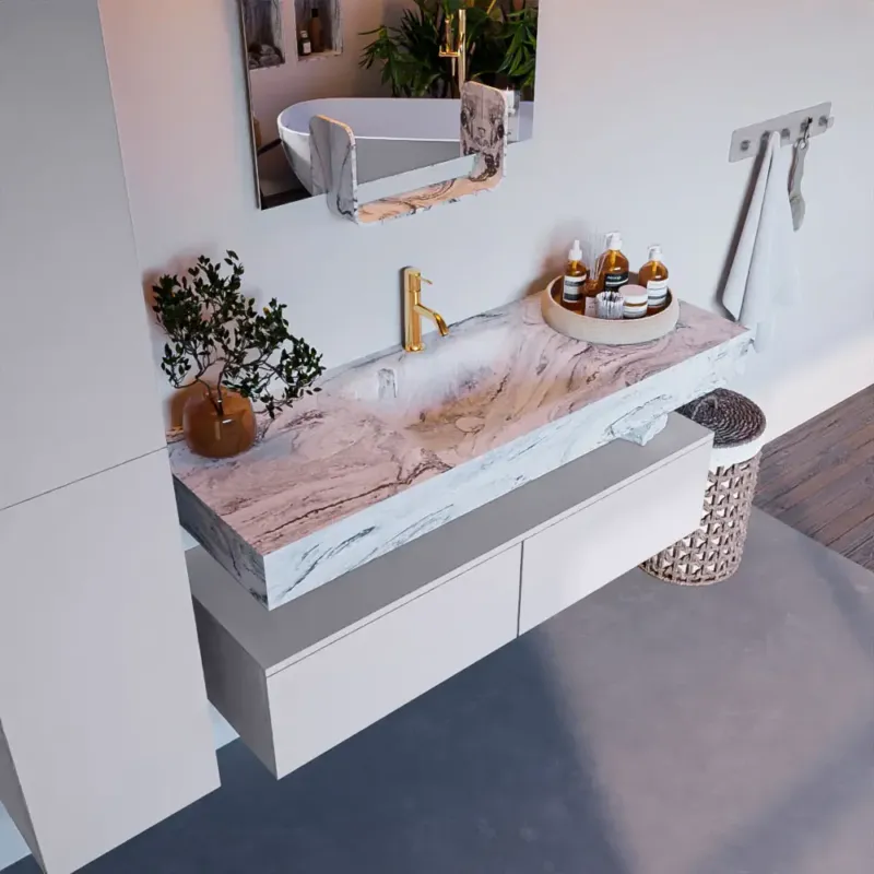 Mondiaz Alan DLux badmeubel 130cm cale 2 lades met wastafel glace midden 1 kraangat Uitverkoop