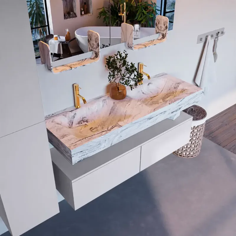 Mondiaz Alan DLux badmeubel 130cm cale 2 lades met wastafel glace dubbel 2 kraangaten Direct Verzonden