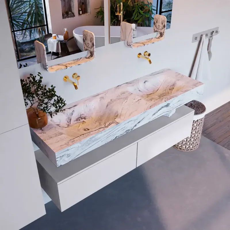 Mondiaz Alan DLux badmeubel 150cm cale 2 lades met wastafel glace dubbel zonder kraangat Laatste Kans