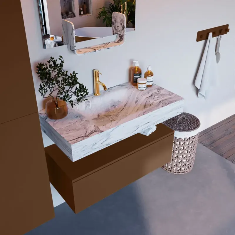 Mondiaz Alan DLux badmeubel 90cm rust 1 lade met wastafel glace midden 1 kraangat Tijdelijk Beschikbaar