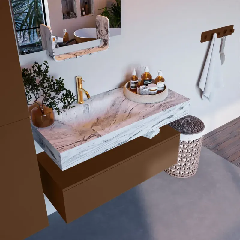 Merkproduct Mondiaz Alan DLux badmeubel 100cm rust 1 lade met wastafel glace links 1 kraangat