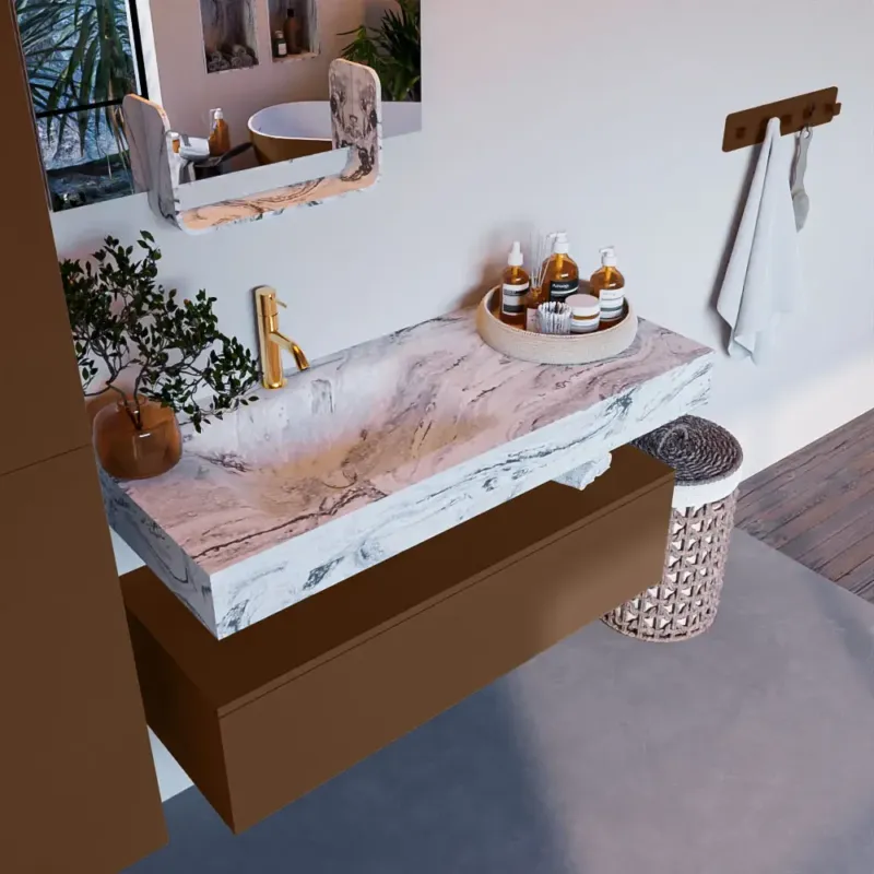 Bestseller Mondiaz Alan DLux badmeubel 110cm rust 1 lade met wastafel glace links 1 kraangat