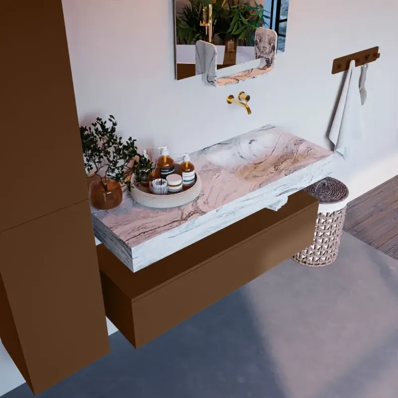 Hoge Kwaliteit Mondiaz Alan DLux badmeubel 120cm rust 1 lade met wastafel glace rechts zonder kraangat