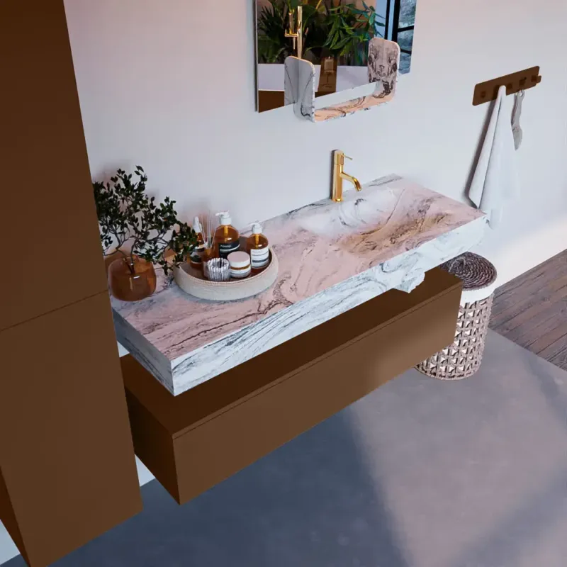 Actieprijs Mondiaz Alan DLux badmeubel 130cm rust 1 lade met wastafel glace rechts 1 kraangat