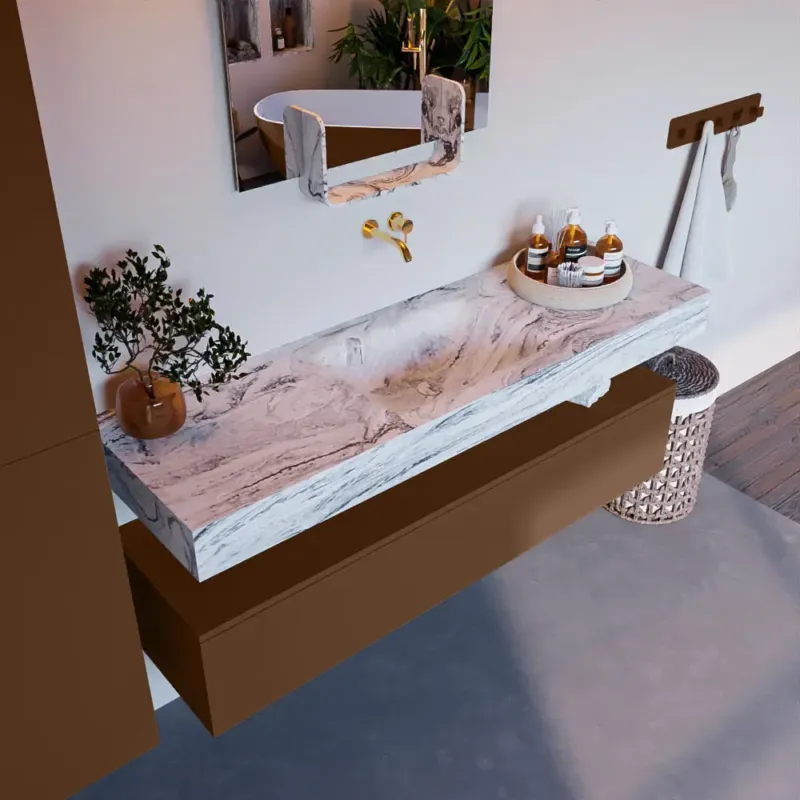 Mondiaz Alan DLux badmeubel 150cm rust 1 lade met wastafel glace midden zonder kraangat Laatste Versie